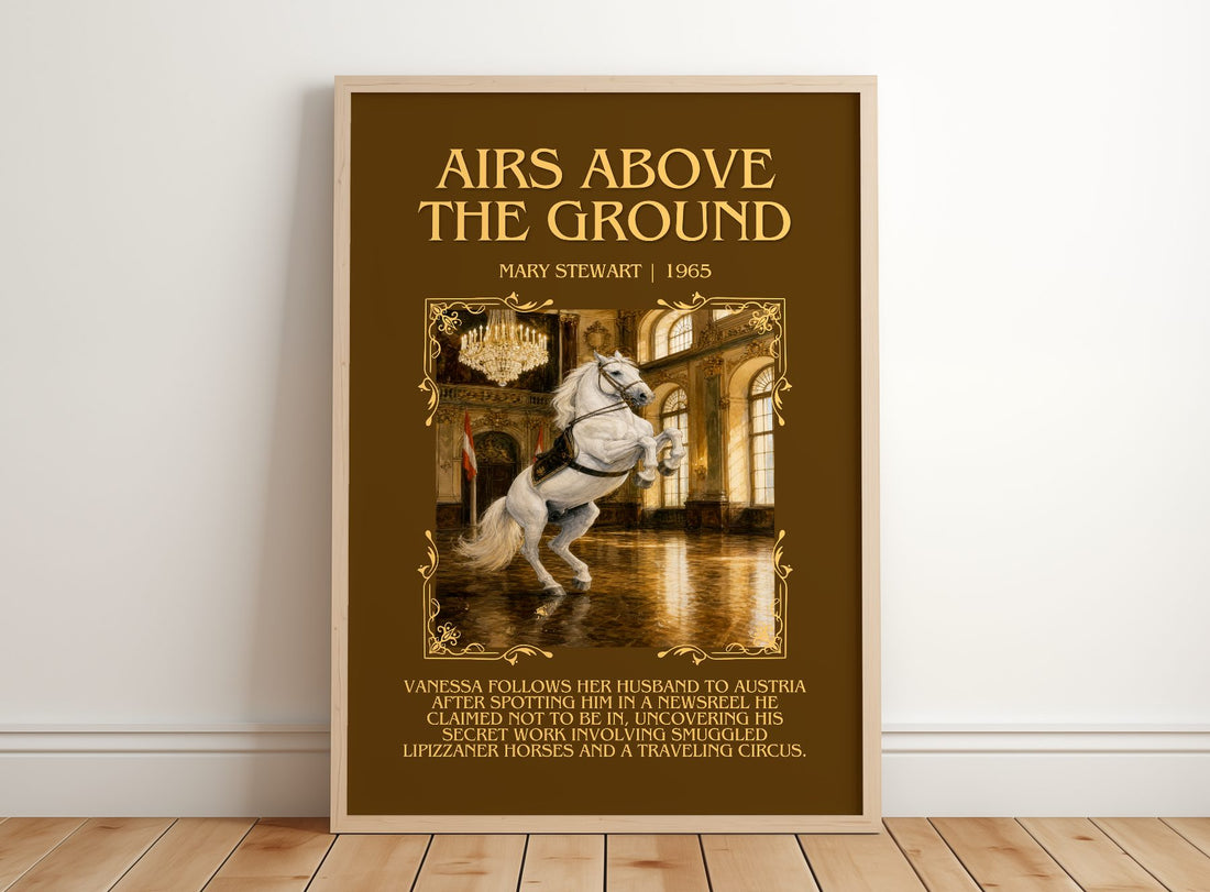 Airs Above the Ground Minimalist Book Poster by Mary Stewart – framed print leaning on a wooden floor
