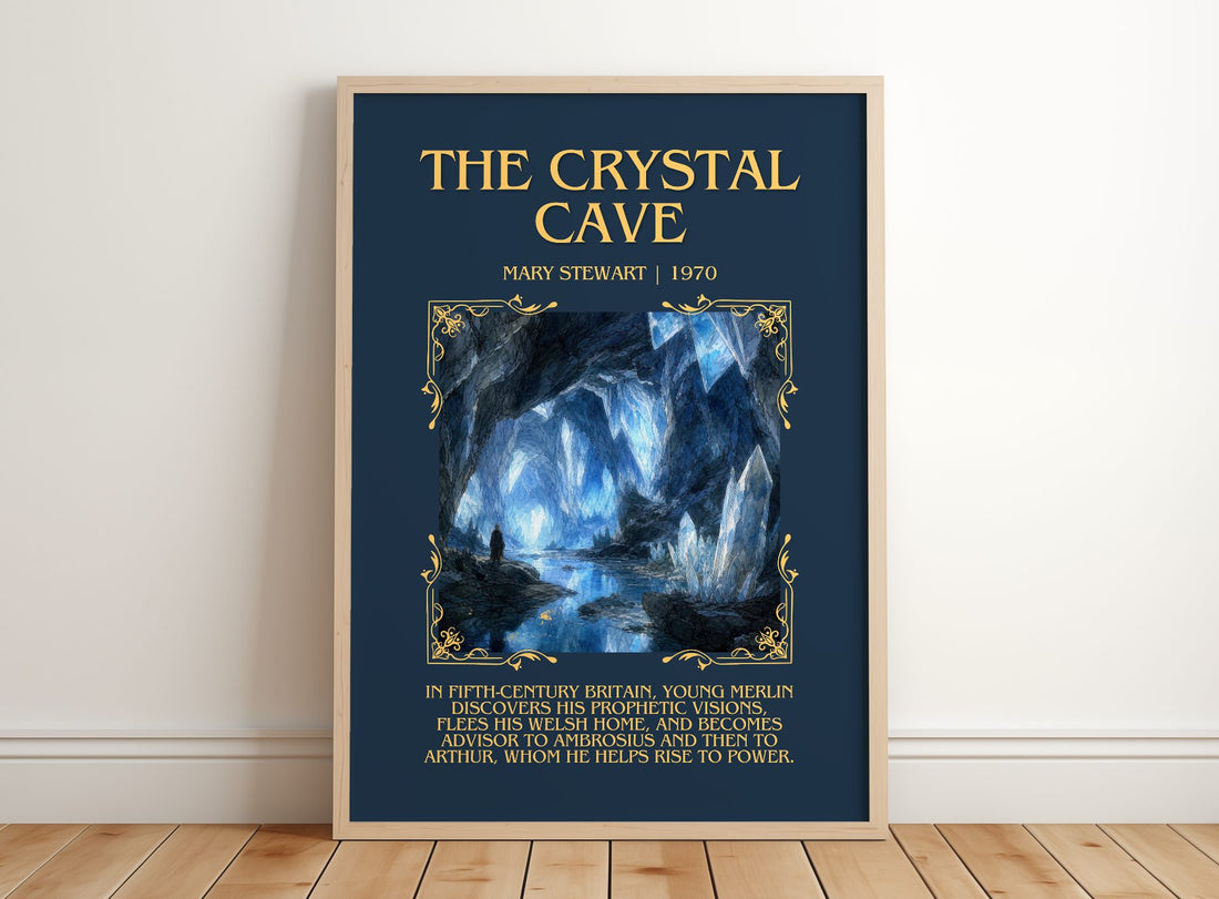 The Crystal Cave Minimalist Book Poster by Mary Stewart – framed print leaning on a wooden floor