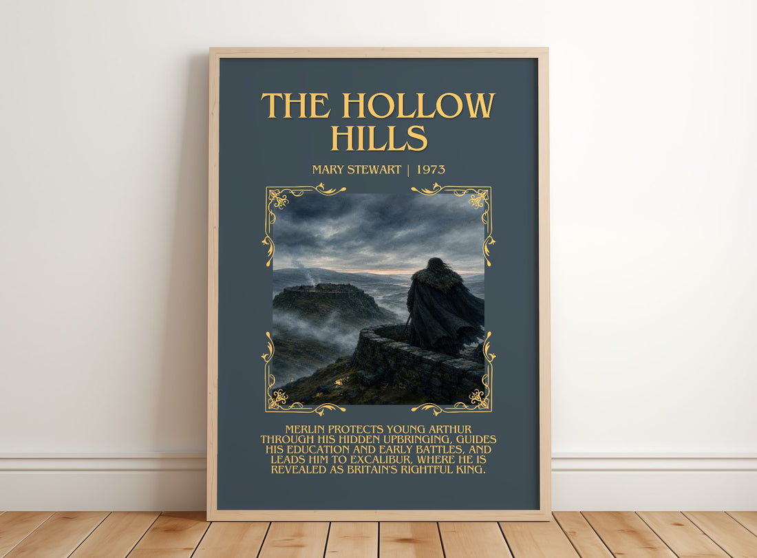 The Hollow Hills Minimalist Book Poster by Mary Stewart – framed print leaning on a wooden floor