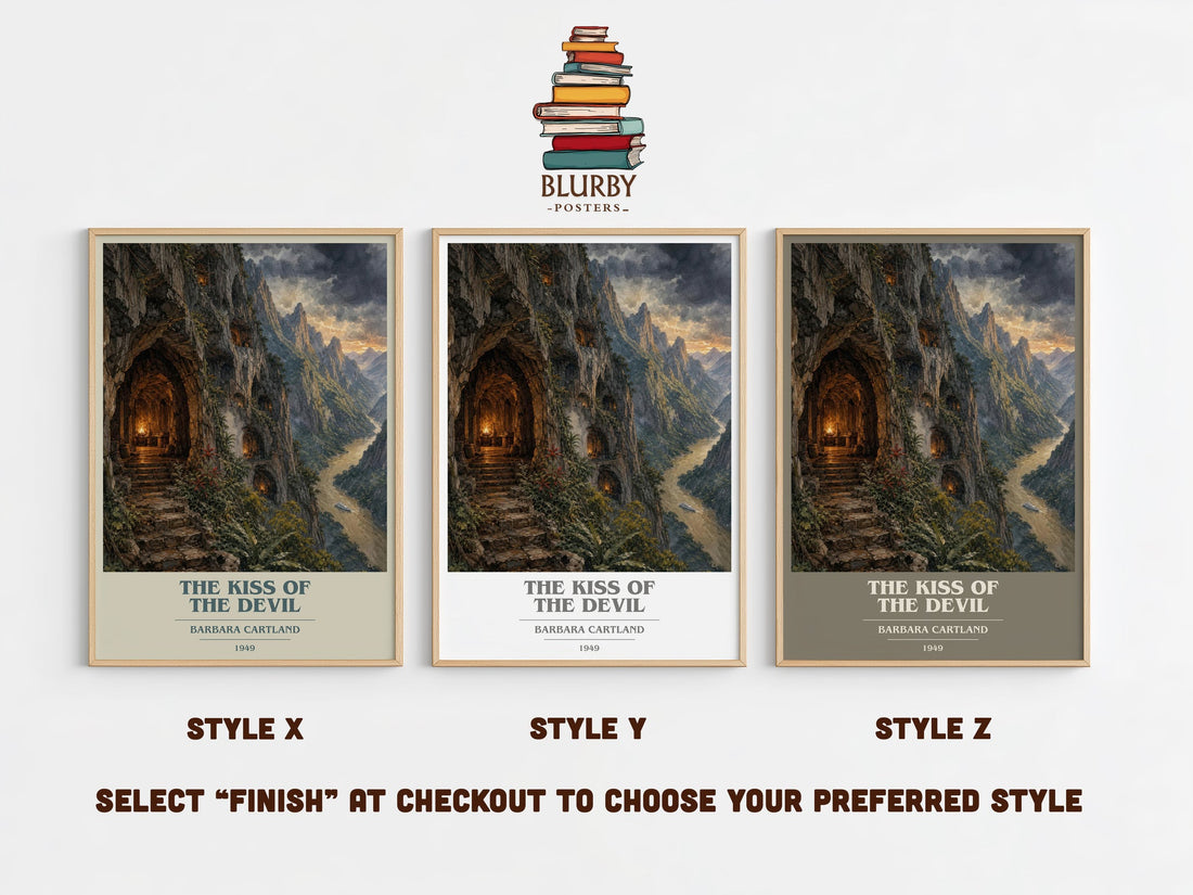 The Kiss Of The Devil book cover print in frame leaning in hallway – romance wall art (mockup)