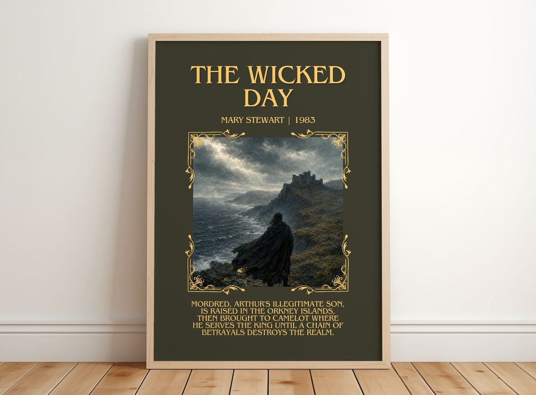 The Wicked Day Minimalist Book Poster by Mary Stewart – framed print leaning on a wooden floor