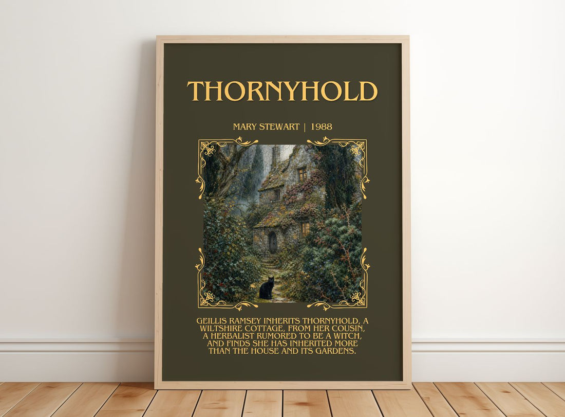 Thornyhold Minimalist Book Poster by Mary Stewart – framed print leaning on a wooden floor