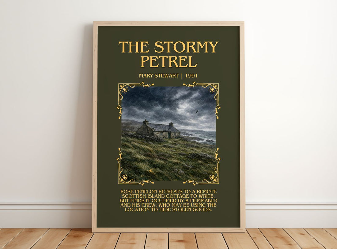 The Stormy Petrel Minimalist Book Poster by Mary Stewart – framed print leaning on a wooden floor