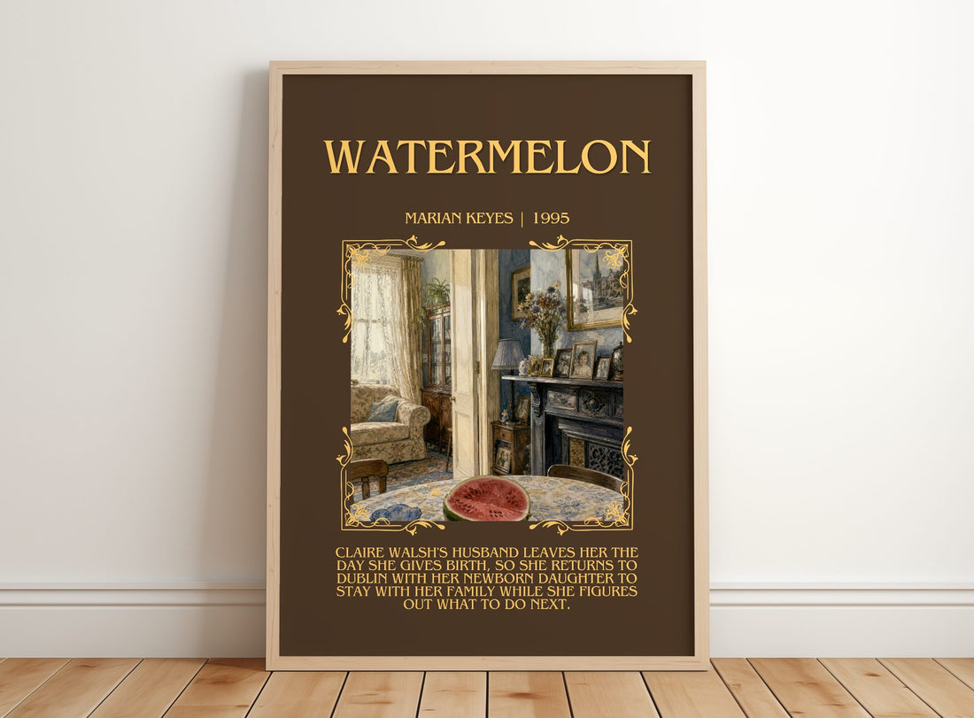 Watermelon Minimalist Book Poster by Marian Keyes – framed print leaning on a wooden floor