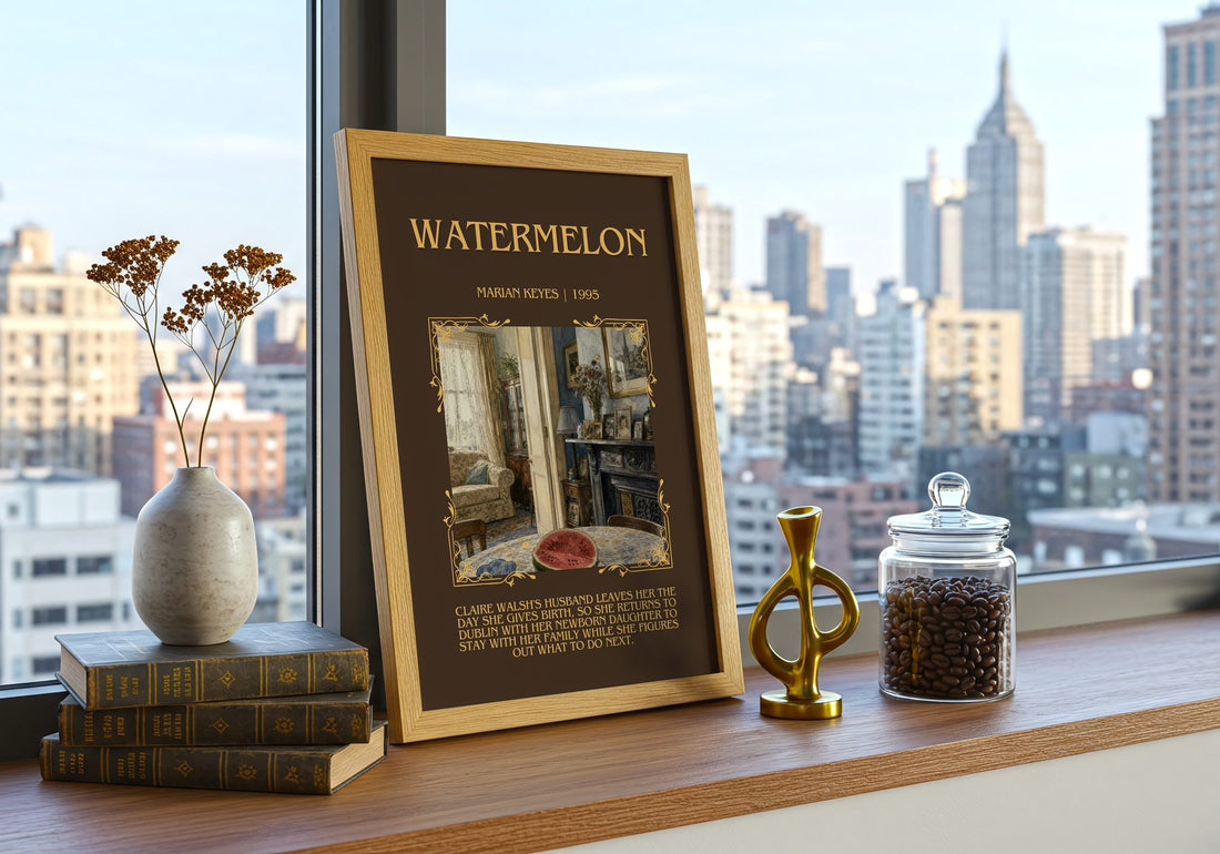 Watermelon Minimalist Book Poster by Marian Keyes – framed print on a city-view windowsill