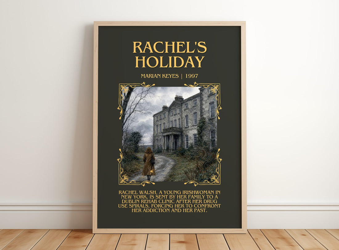 Rachel's Holiday Minimalist Book Poster by Marian Keyes – framed print leaning on a wooden floor