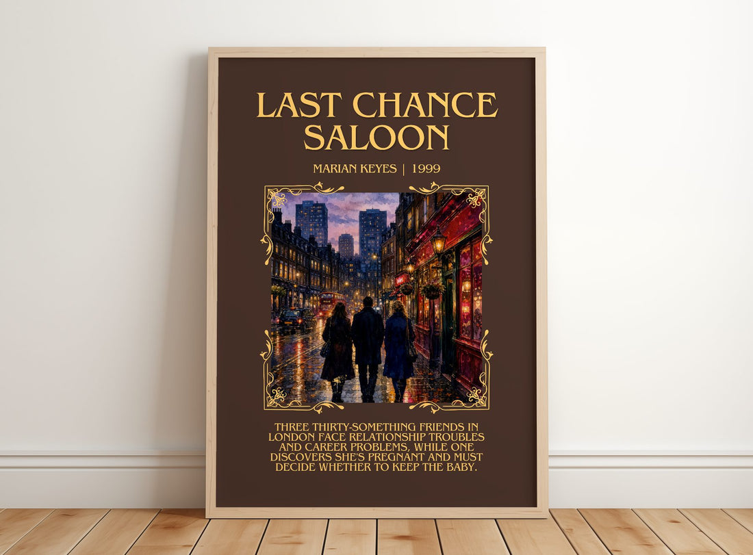 Last Chance Saloon Minimalist Book Poster by Marian Keyes – framed print leaning on a wooden floor