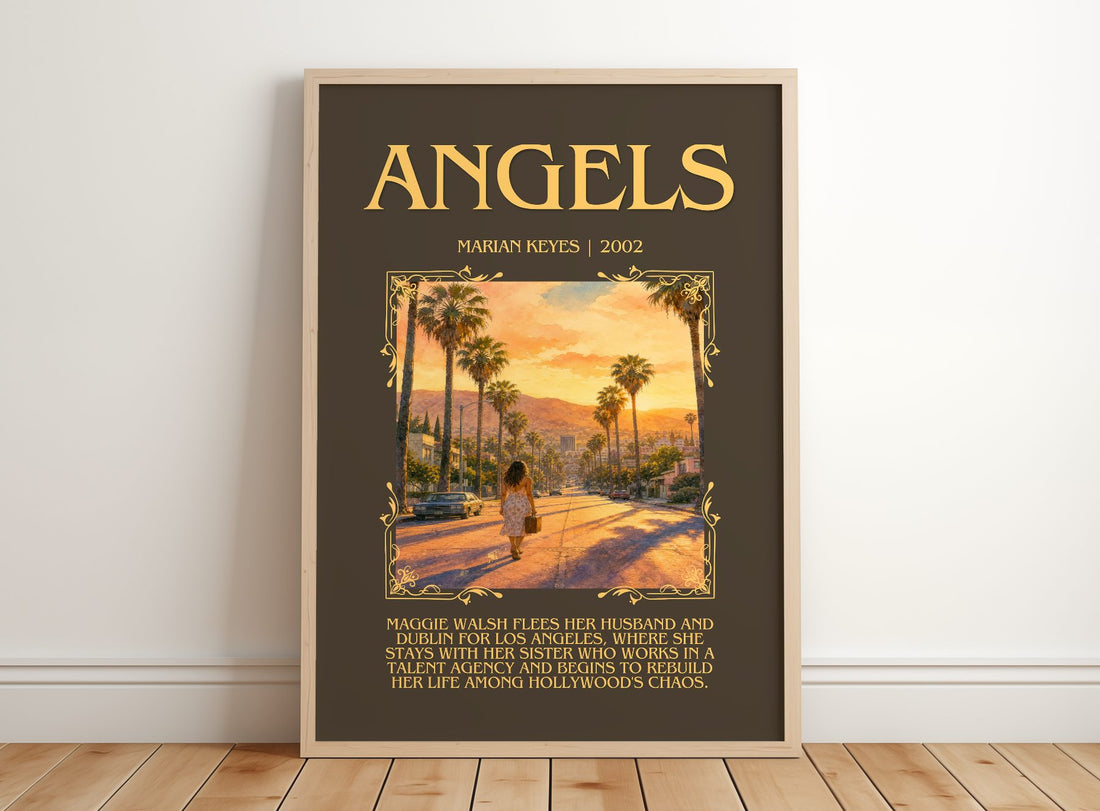 Angels Minimalist Book Poster by Marian Keyes – framed print leaning on a wooden floor