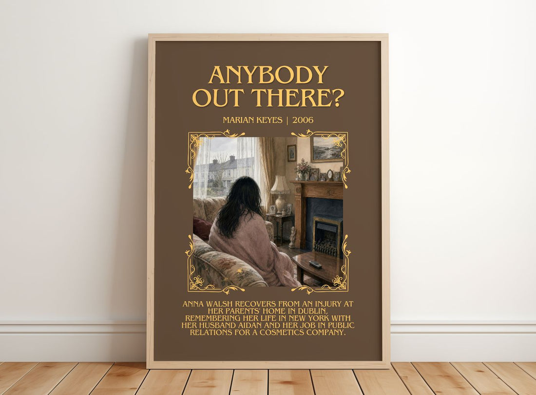 Anybody Out There? Minimalist Book Poster by Marian Keyes – framed print leaning on a wooden floor