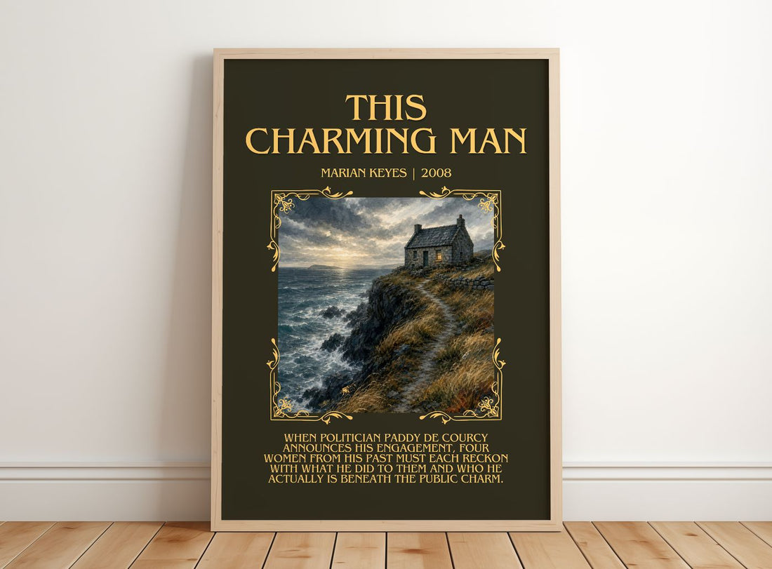 This Charming Man Minimalist Book Poster by Marian Keyes – framed print leaning on a wooden floor