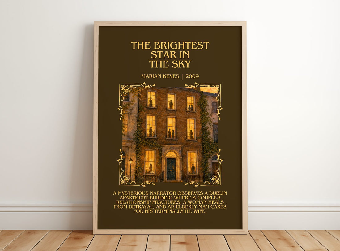 The Brightest Star in the Sky Minimalist Book Poster by Marian Keyes – framed print leaning on a wooden floor