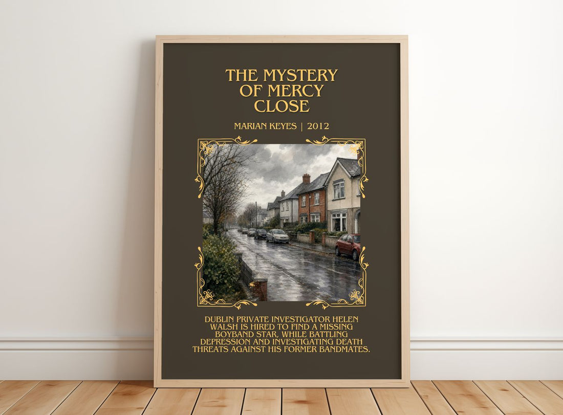 The Mystery of Mercy Close Minimalist Book Poster by Marian Keyes – framed print leaning on a wooden floor