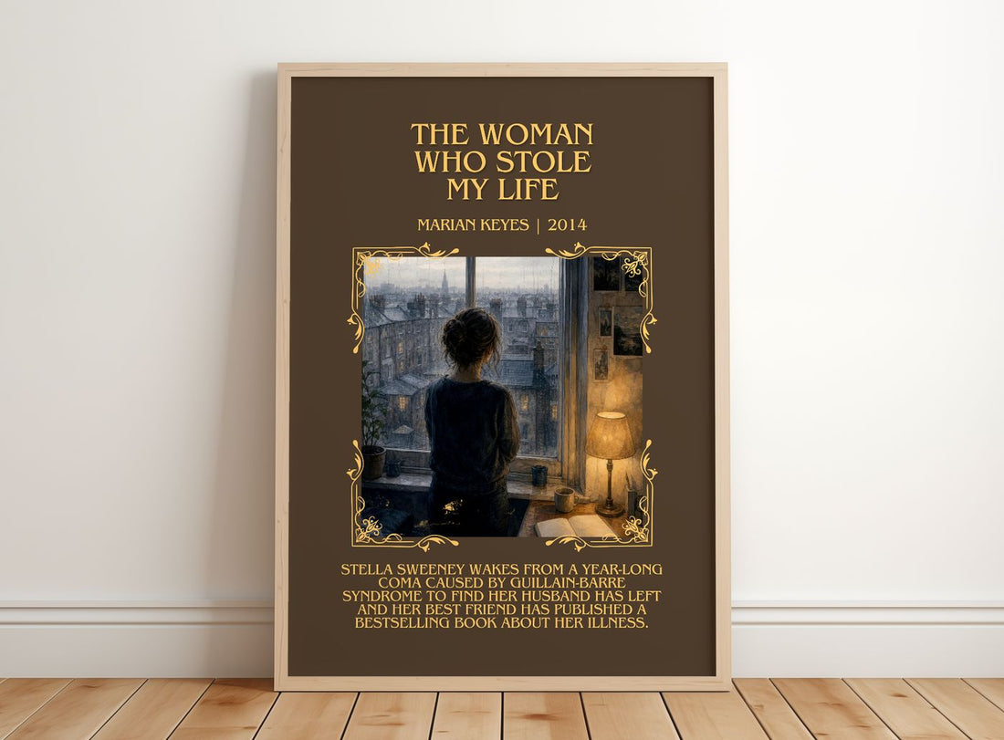 The Woman Who Stole My Life Minimalist Book Poster by Marian Keyes – framed print leaning on a wooden floor