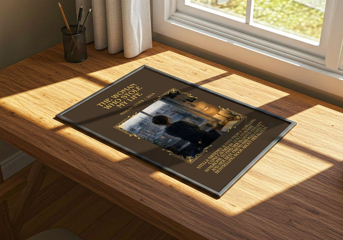 The Woman Who Stole My Life Minimalist Book Poster by Marian Keyes – print on a sunlit desk