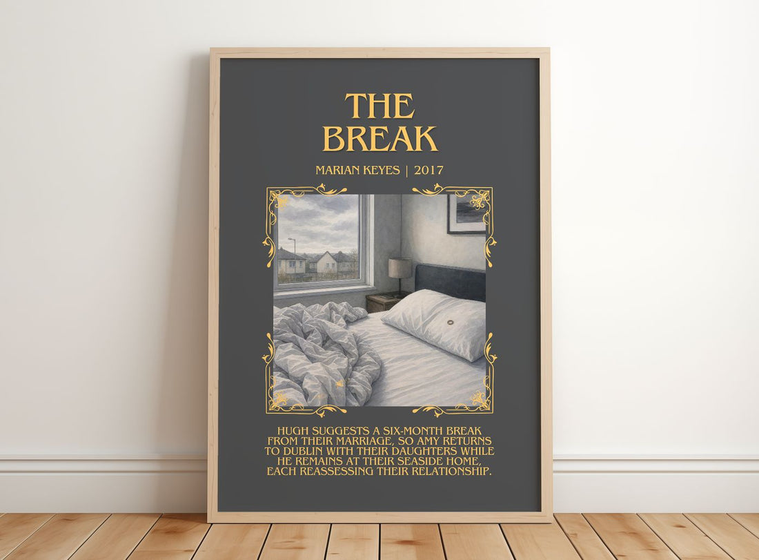 The Break Minimalist Book Poster by Marian Keyes – framed print leaning on a wooden floor
