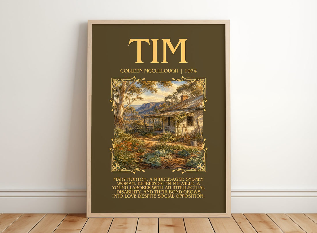 Tim Minimalist Book Poster by Colleen McCullough – framed print leaning on a wooden floor