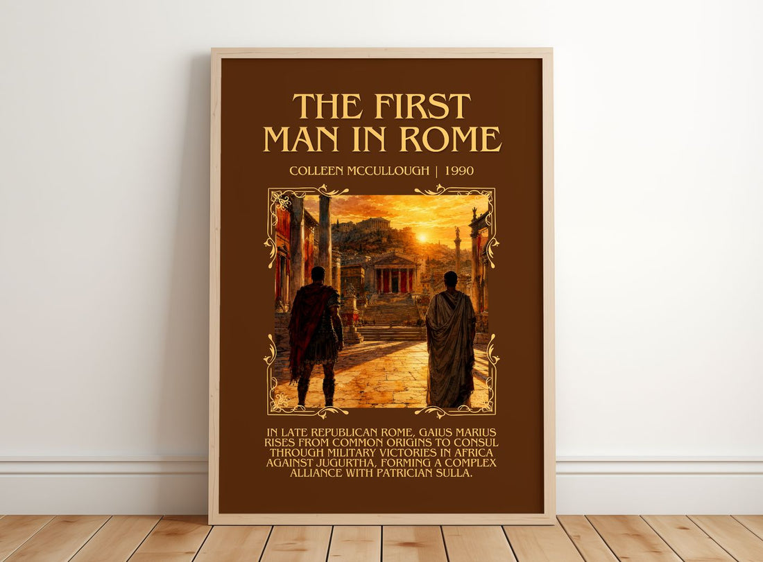The First Man in Rome Minimalist Book Poster by Colleen McCullough – framed print leaning on a wooden floor