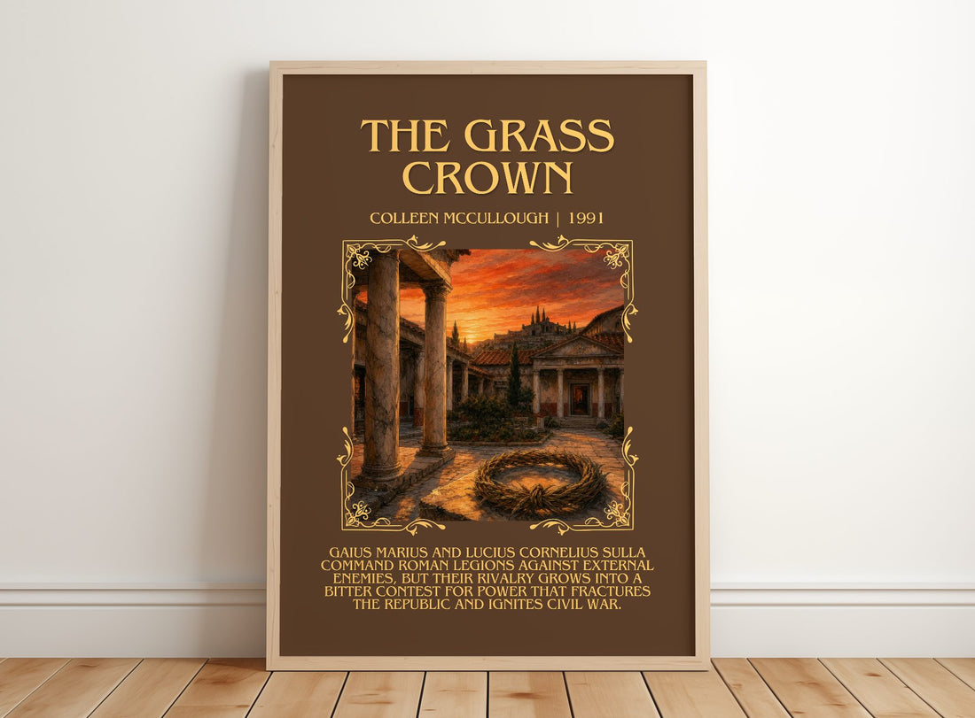 The Grass Crown Minimalist Book Poster by Colleen McCullough – framed print leaning on a wooden floor