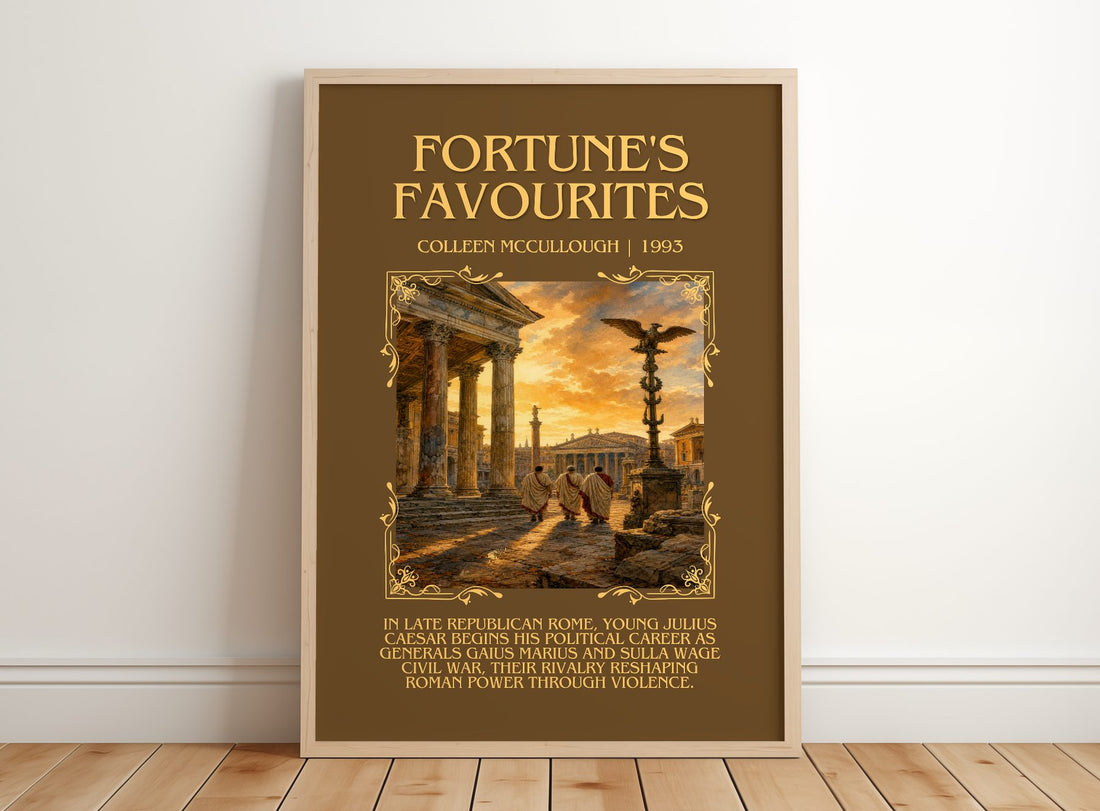 Fortune's Favourites Minimalist Book Poster by Colleen McCullough – framed print leaning on a wooden floor