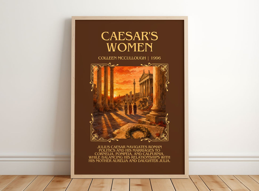 Caesar's Women Minimalist Book Poster by Colleen McCullough – framed print leaning on a wooden floor
