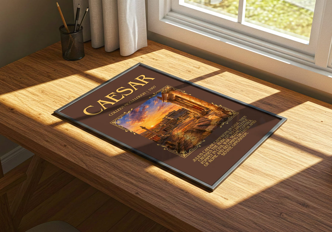 Caesar Minimalist Book Poster by Colleen McCullough – print on a sunlit desk
