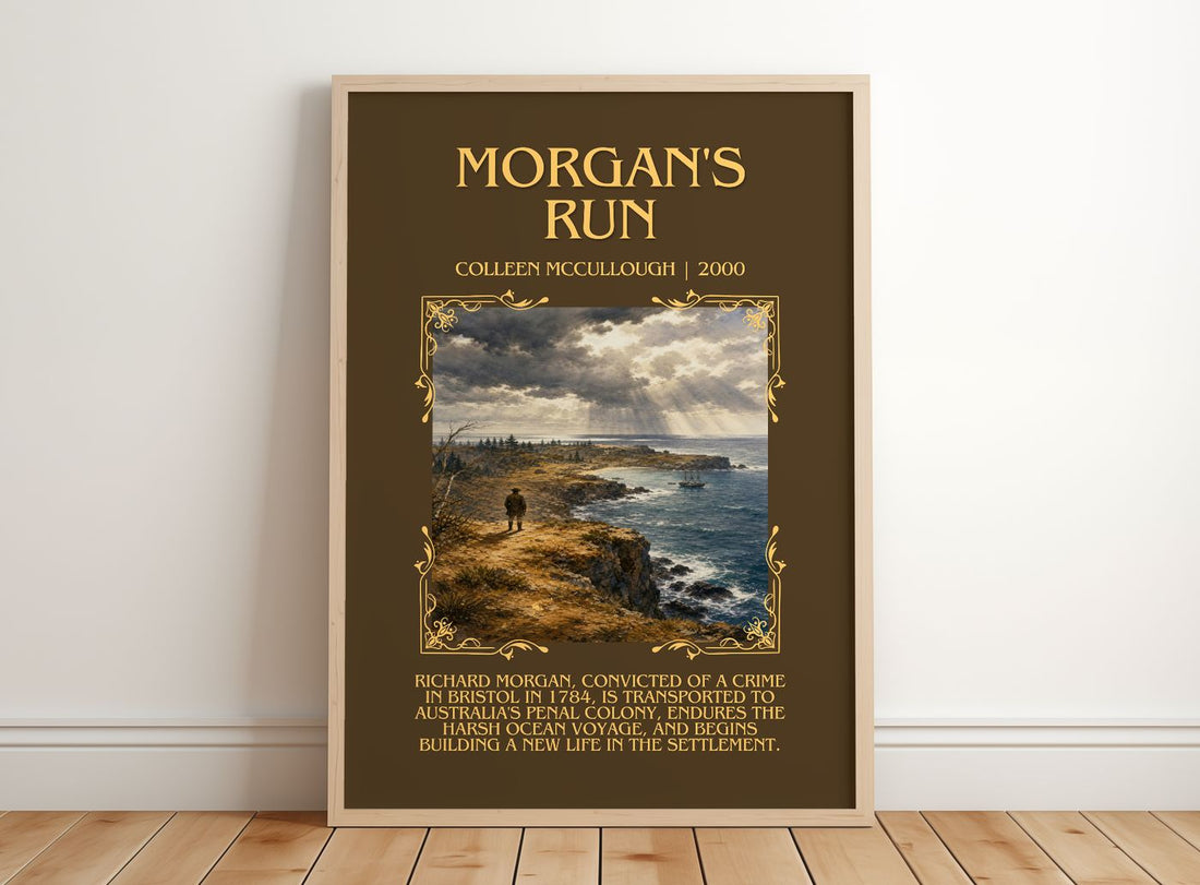 Morgan's Run Minimalist Book Poster by Colleen McCullough – framed print leaning on a wooden floor