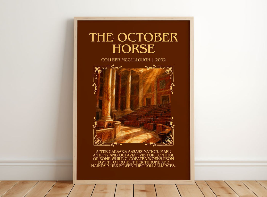 The October Horse Minimalist Book Poster by Colleen McCullough – framed print leaning on a wooden floor