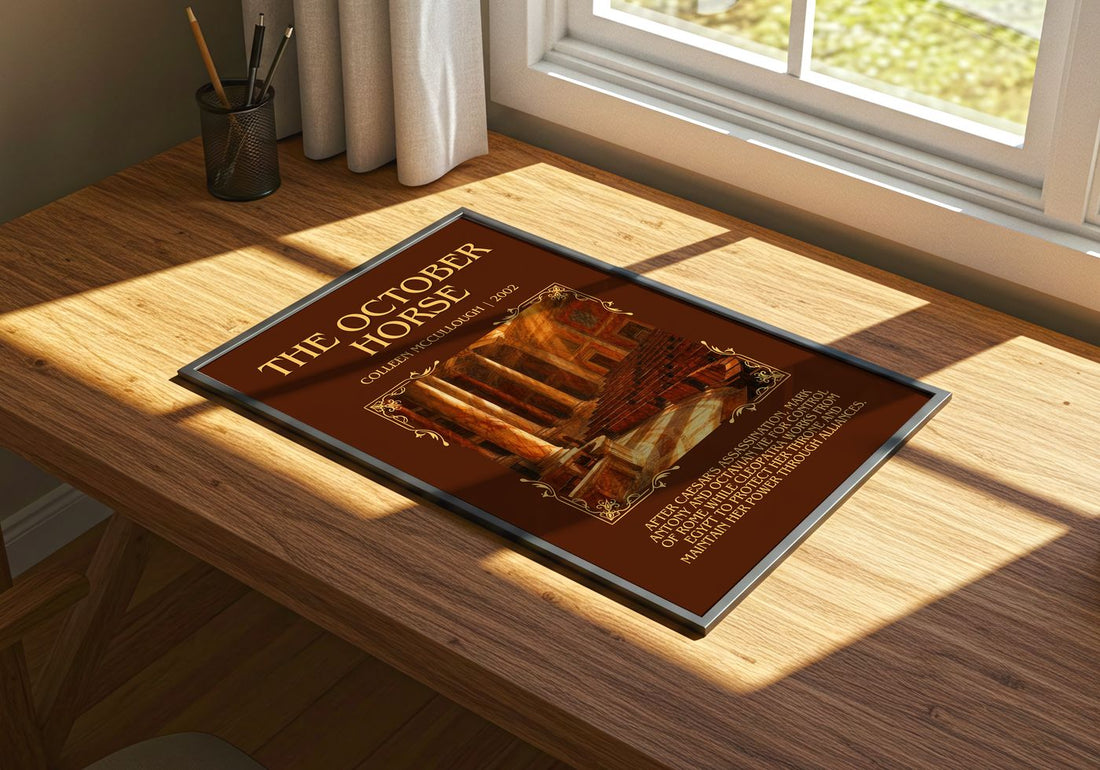 The October Horse Minimalist Book Poster by Colleen McCullough – print on a sunlit desk