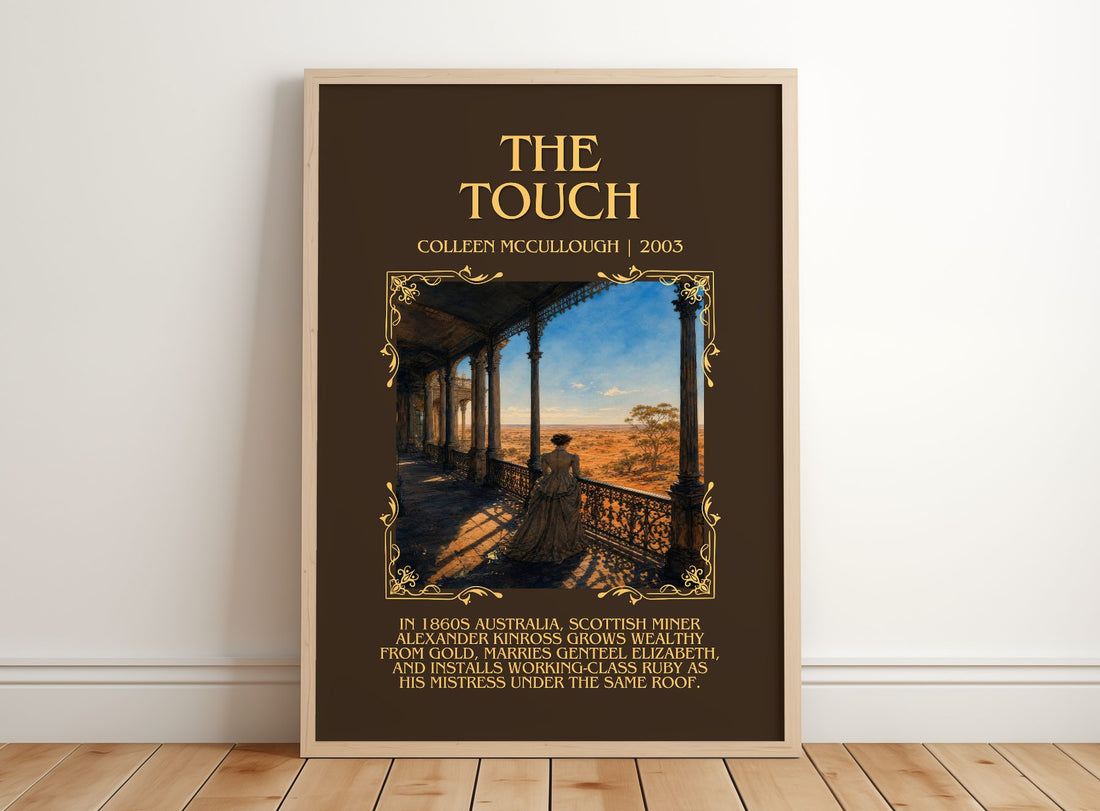 The Touch Minimalist Book Poster by Colleen McCullough – framed print leaning on a wooden floor