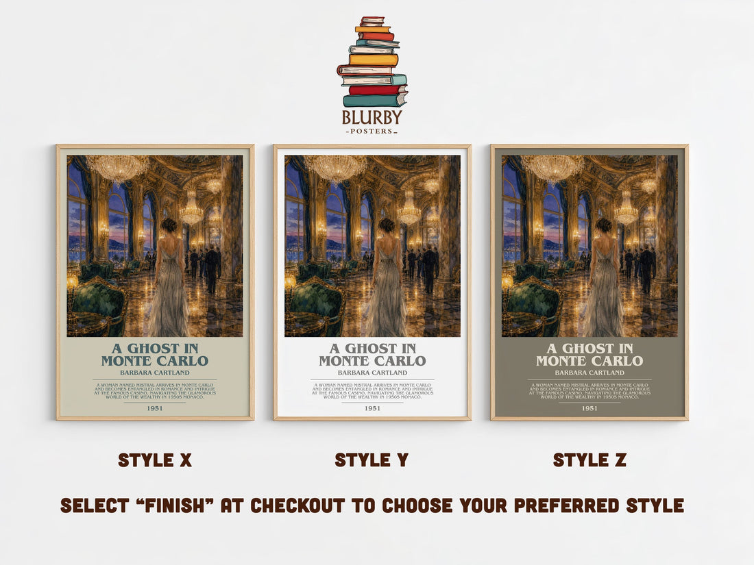 A Ghost In Monte Carlo bookish print in frame leaning in hallway – romance wall art (mockup)