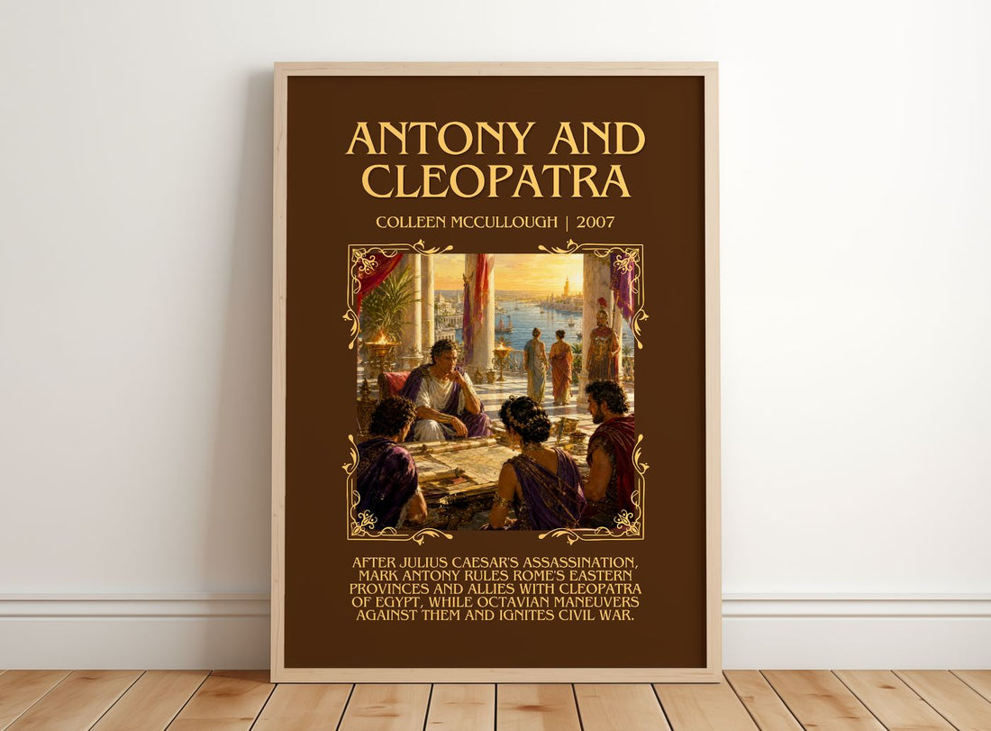 Antony and Cleopatra Minimalist Book Poster by Colleen McCullough – framed print leaning on a wooden floor
