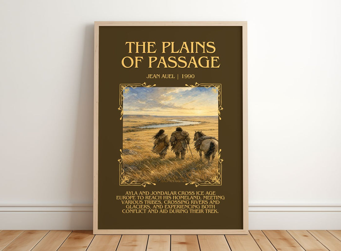 The Plains of Passage Minimalist Book Poster by Jean Auel – framed print leaning on a wooden floor