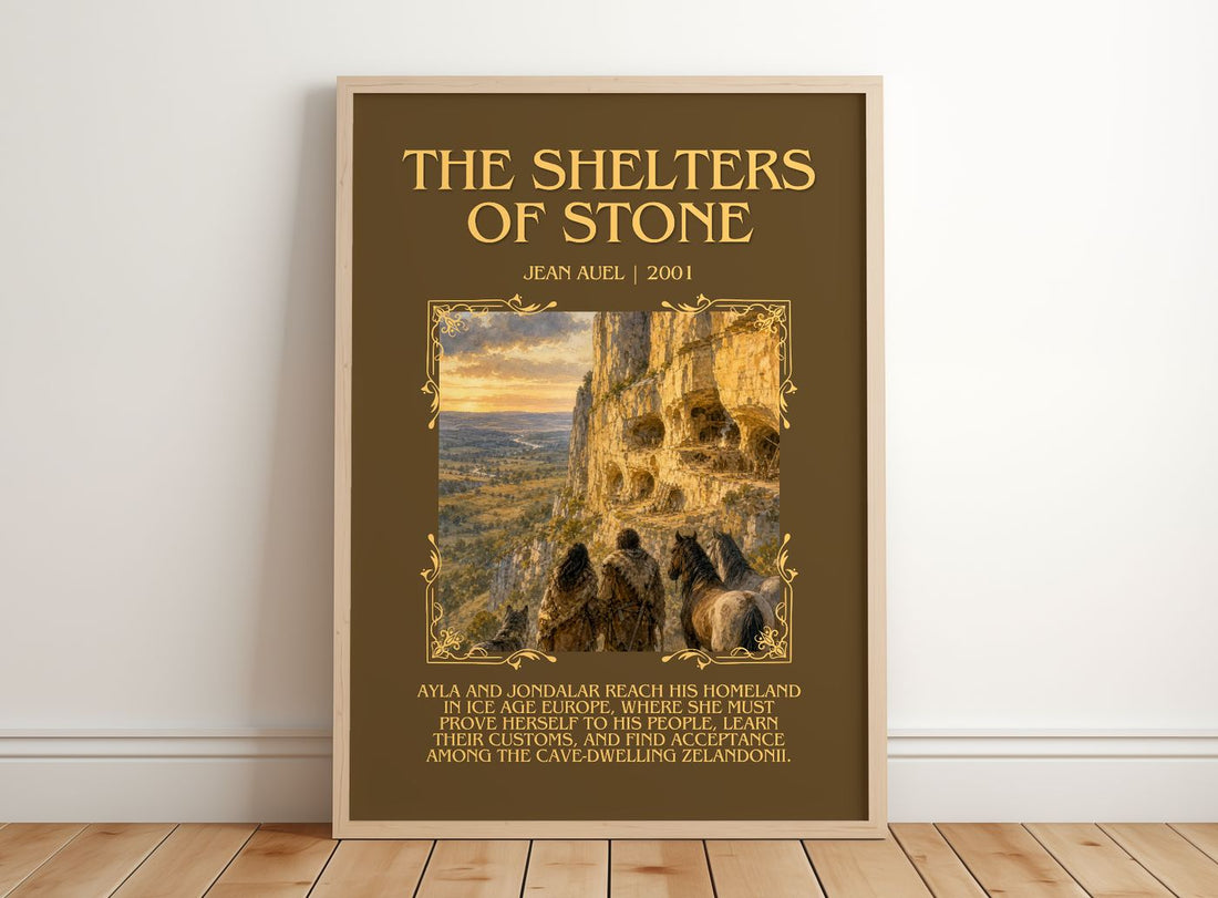 The Shelters of Stone Minimalist Book Poster by Jean Auel – framed print leaning on a wooden floor
