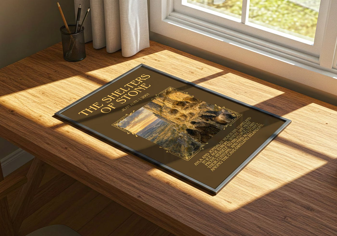 The Shelters of Stone Minimalist Book Poster by Jean Auel – print on a sunlit desk