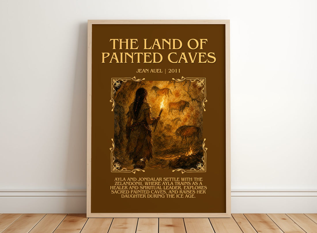 The Land of Painted Caves Minimalist Book Poster by Jean Auel – framed print leaning on a wooden floor