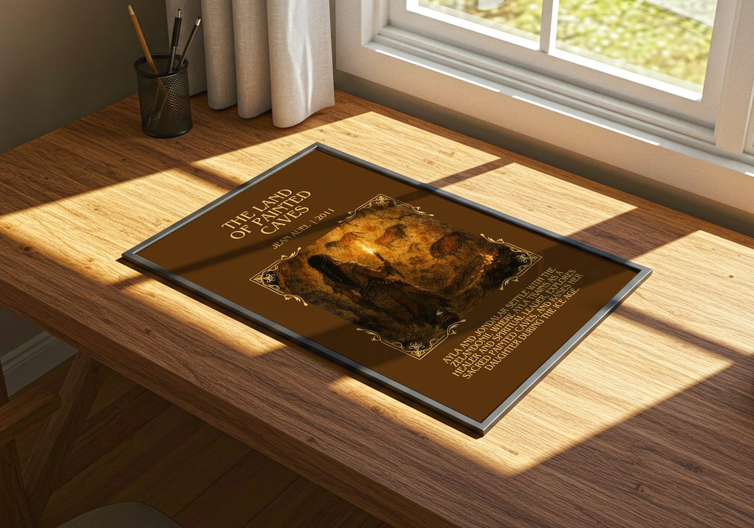 The Land of Painted Caves Minimalist Book Poster by Jean Auel – print on a sunlit desk