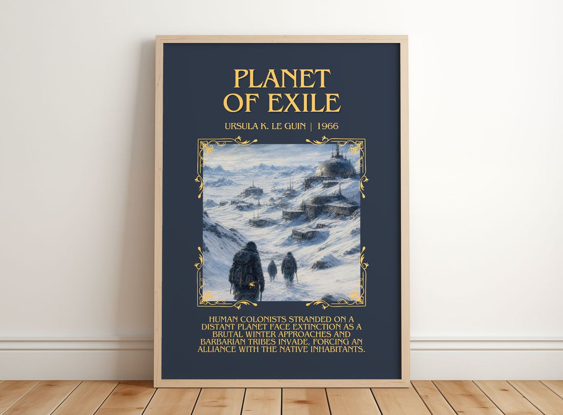 Planet of Exile Minimalist Book Poster by Ursula K. Le Guin – framed print leaning on a wooden floor