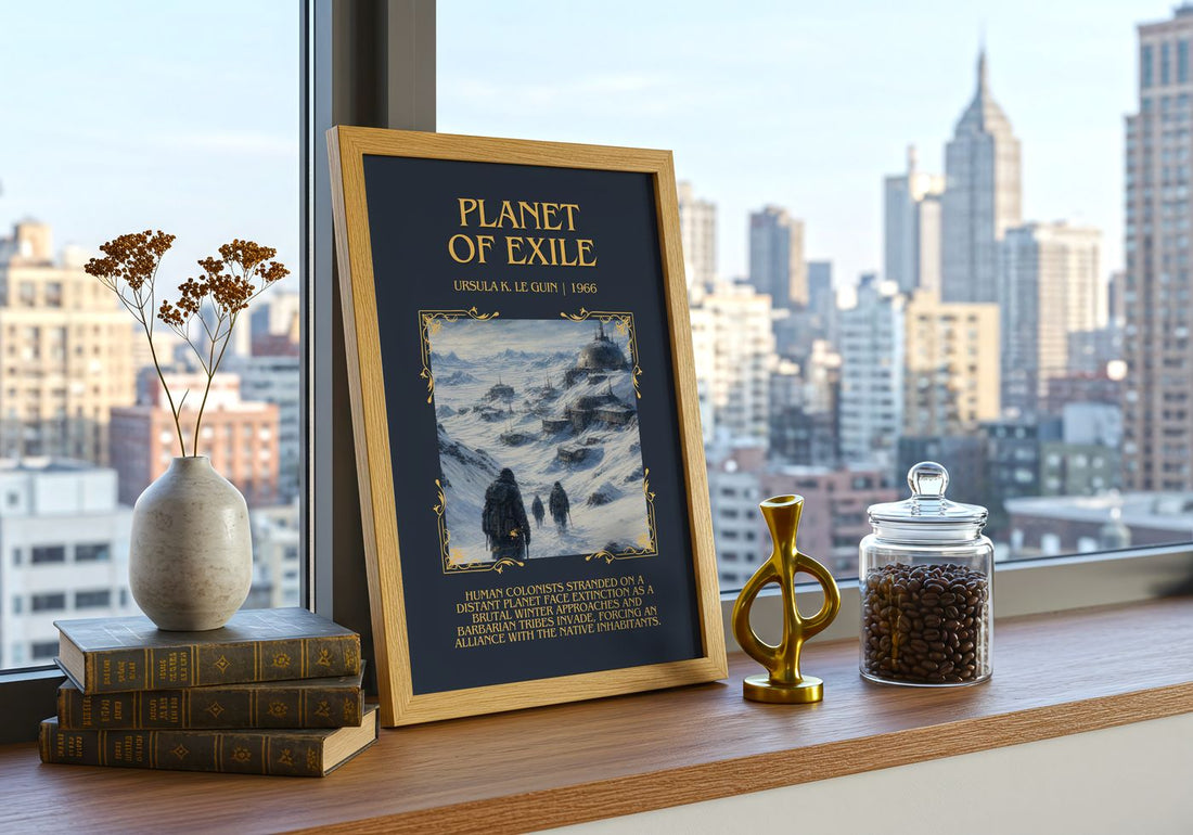 Planet of Exile Minimalist Book Poster by Ursula K. Le Guin – framed print on a city-view windowsill