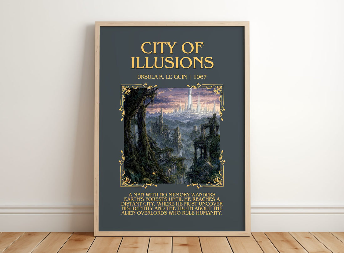 City of Illusions Minimalist Book Poster by Ursula K. Le Guin – framed print leaning on a wooden floor