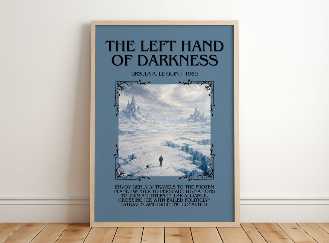 The Left Hand of Darkness Minimalist Book Poster by Ursula K. Le Guin – framed print leaning on a wooden floor