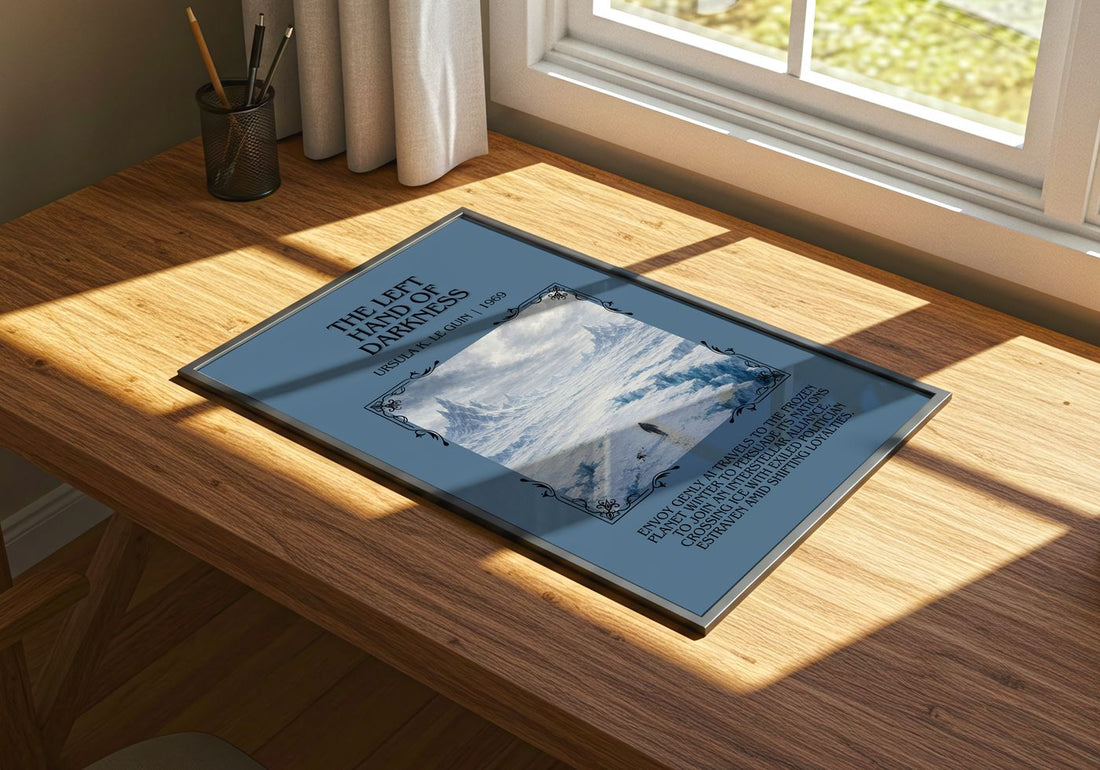 The Left Hand of Darkness Minimalist Book Poster by Ursula K. Le Guin – print on a sunlit desk