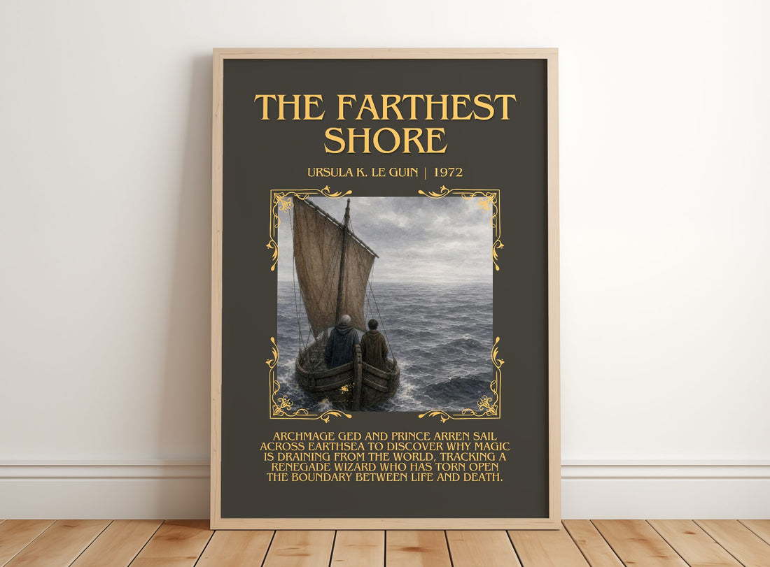 The Farthest Shore Minimalist Book Poster by Ursula K. Le Guin – framed print leaning on a wooden floor