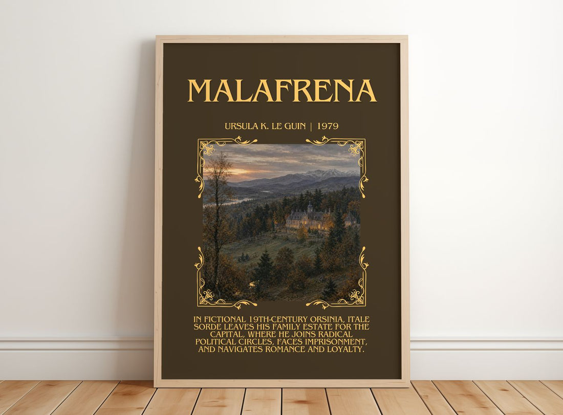 Malafrena Minimalist Book Poster by Ursula K. Le Guin – framed print leaning on a wooden floor