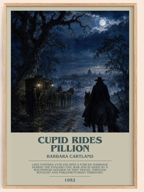 Cupid Rides Pillion bookish book poster by Barbara Cartland – framed literary art print