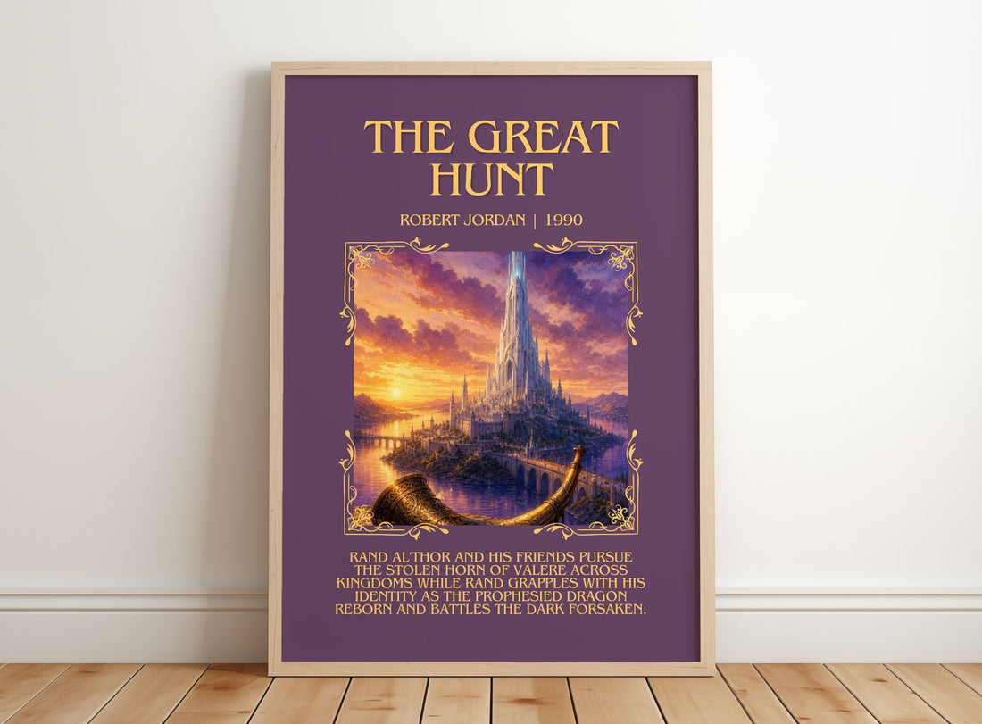 The Great Hunt Minimalist Book Poster by Robert Jordan – framed print leaning on a wooden floor