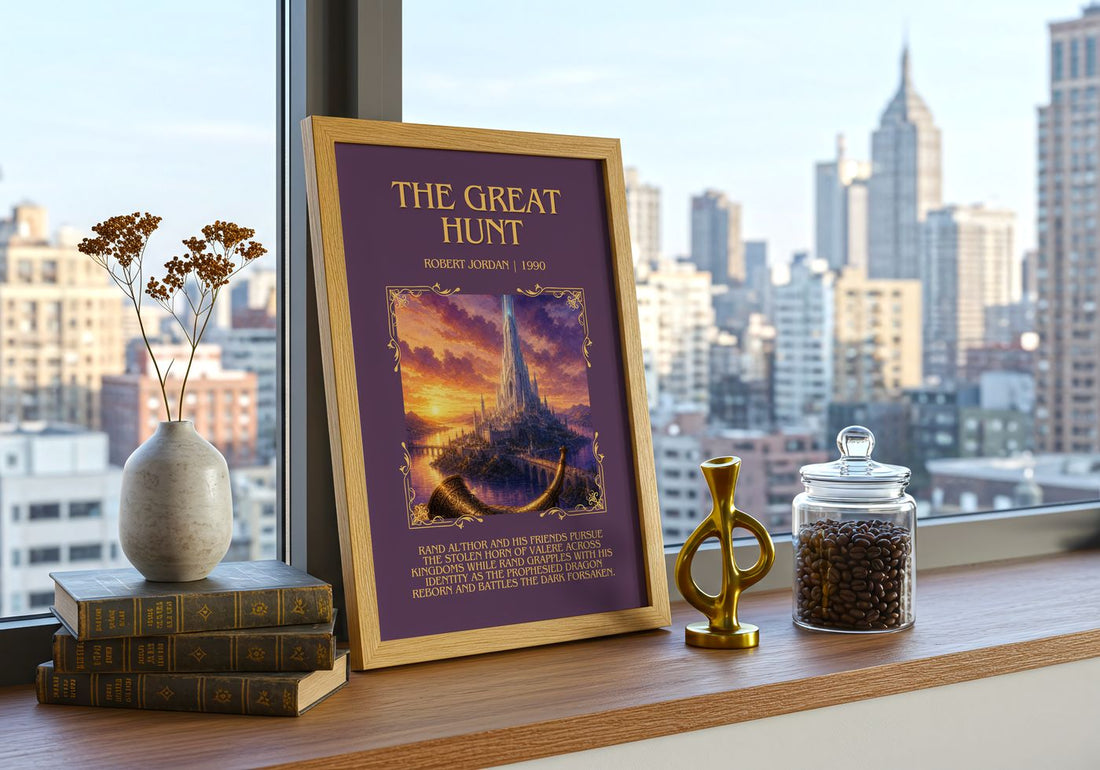 The Great Hunt Minimalist Book Poster by Robert Jordan – framed print on a city-view windowsill