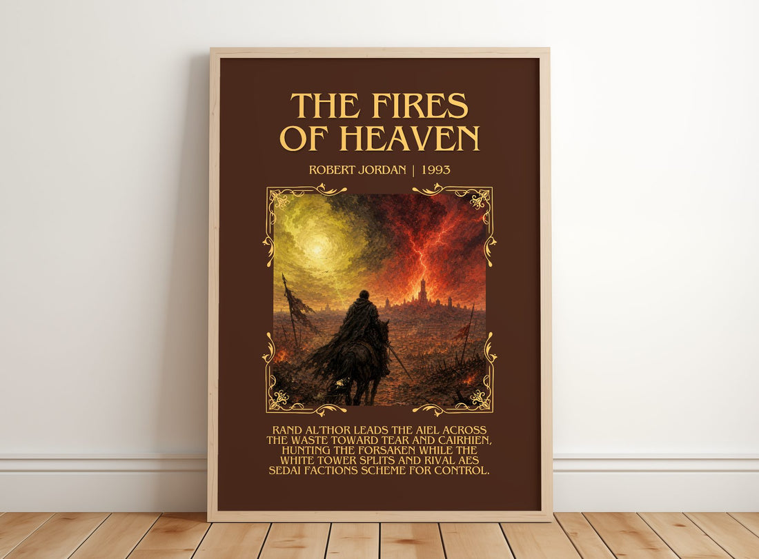 The Fires of Heaven Minimalist Book Poster by Robert Jordan – framed print leaning on a wooden floor