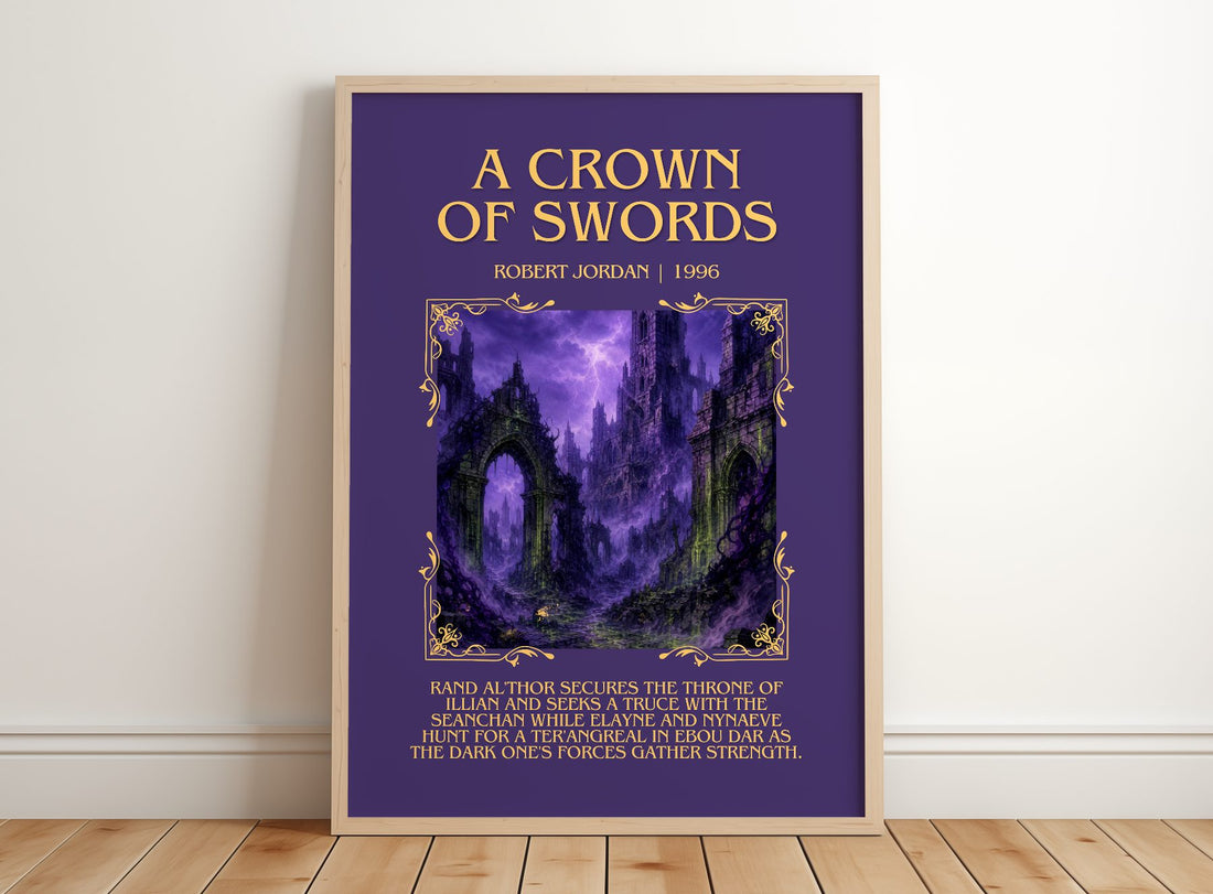 A Crown of Swords Minimalist Book Poster by Robert Jordan – framed print leaning on a wooden floor