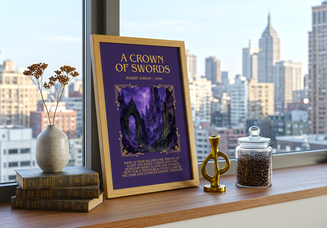 A Crown of Swords Minimalist Book Poster by Robert Jordan – framed print on a city-view windowsill