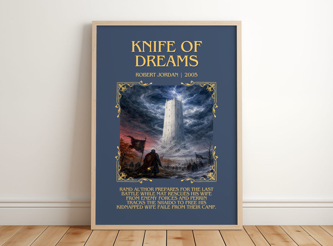 Knife of Dreams Minimalist Book Poster by Robert Jordan – framed print leaning on a wooden floor